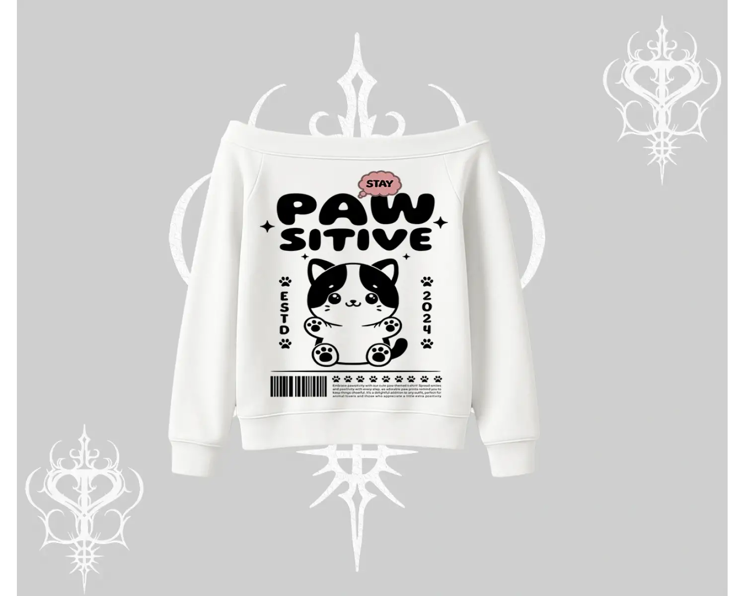 Paw Sitive Kedi Arka Baskılı Kayık Yaka Sweatshirt