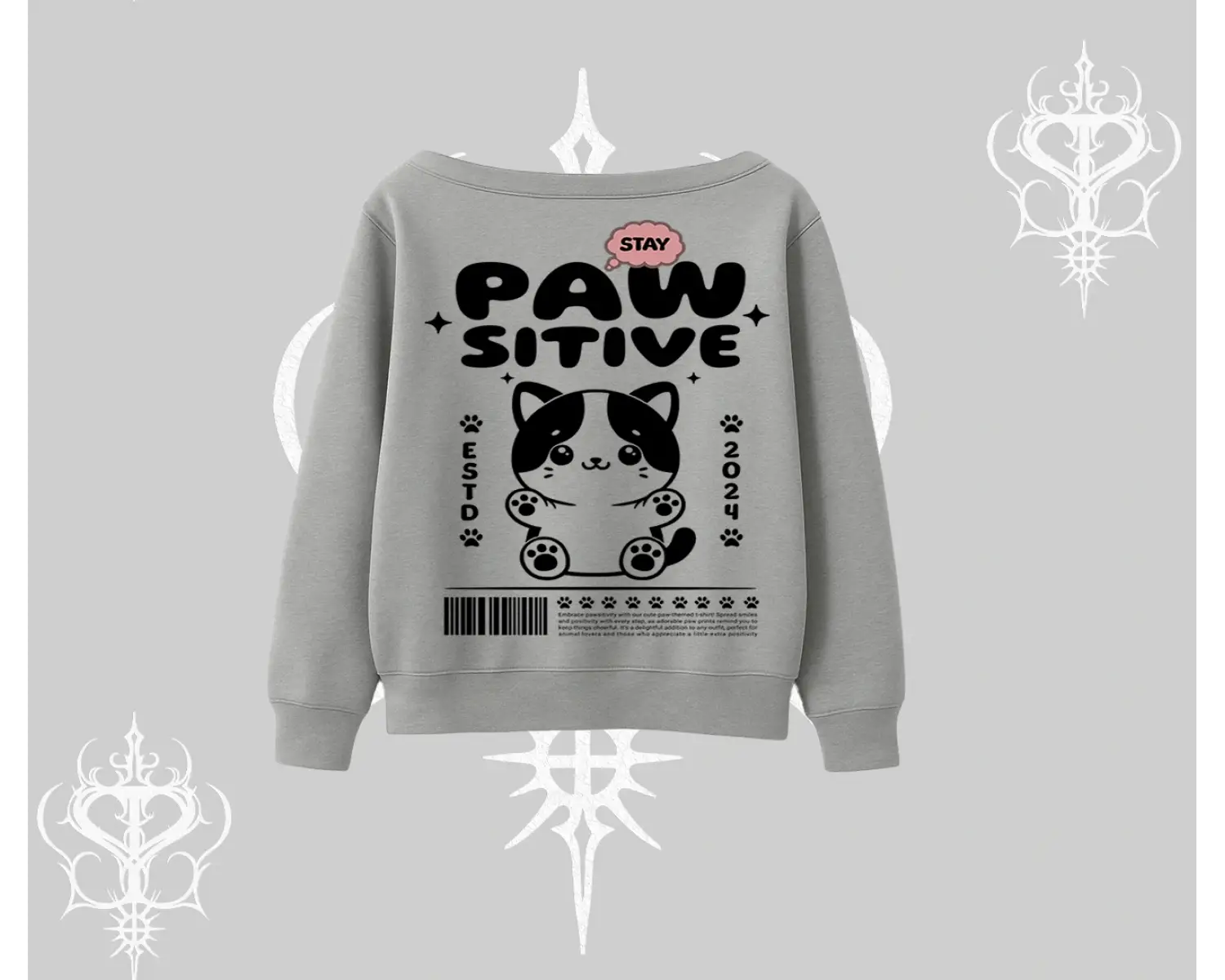 Paw Sitive Kedi Arka Baskılı Kayık Yaka Sweatshirt