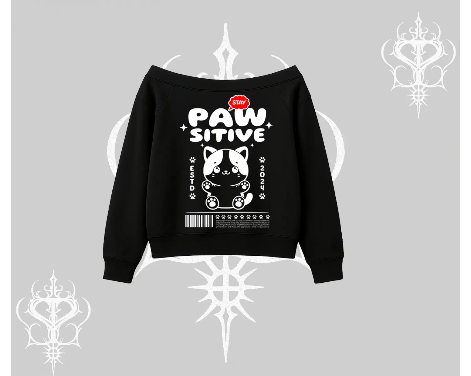 Paw Sitive Kedi Arka Baskılı Kayık Yaka Sweatshirt