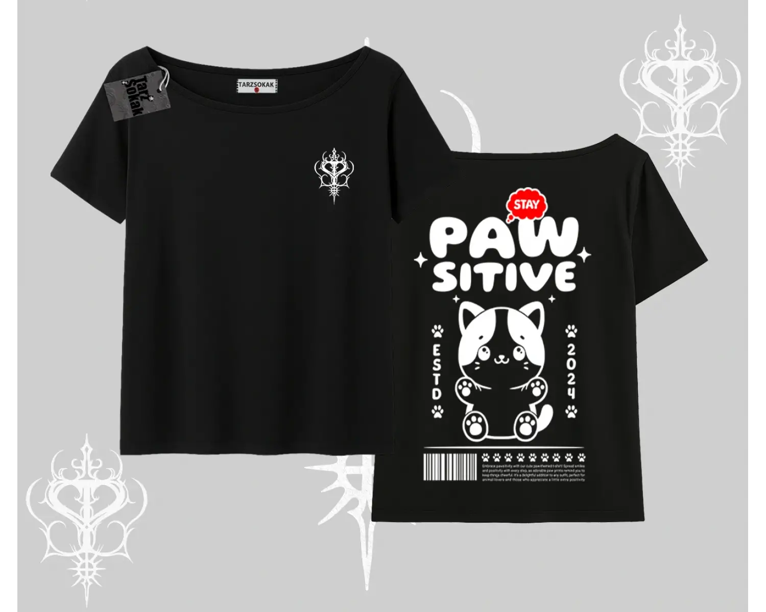 Paw Sitive Kedi Arka Baskılı Kayık Yaka Tshirt