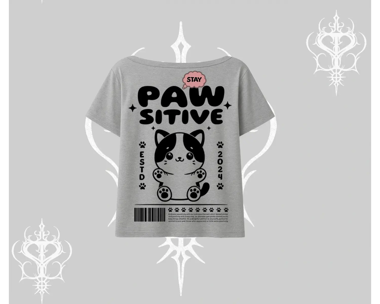 Paw Sitive Kedi Arka Baskılı Kayık Yaka Tshirt
