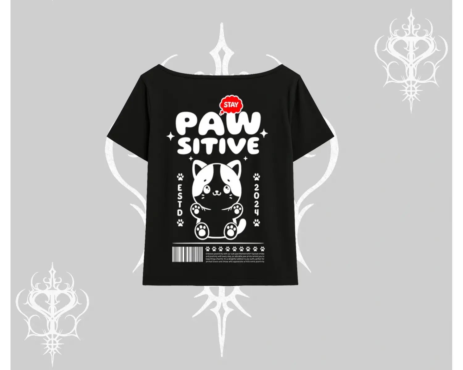 Paw Sitive Kedi Arka Baskılı Kayık Yaka Tshirt
