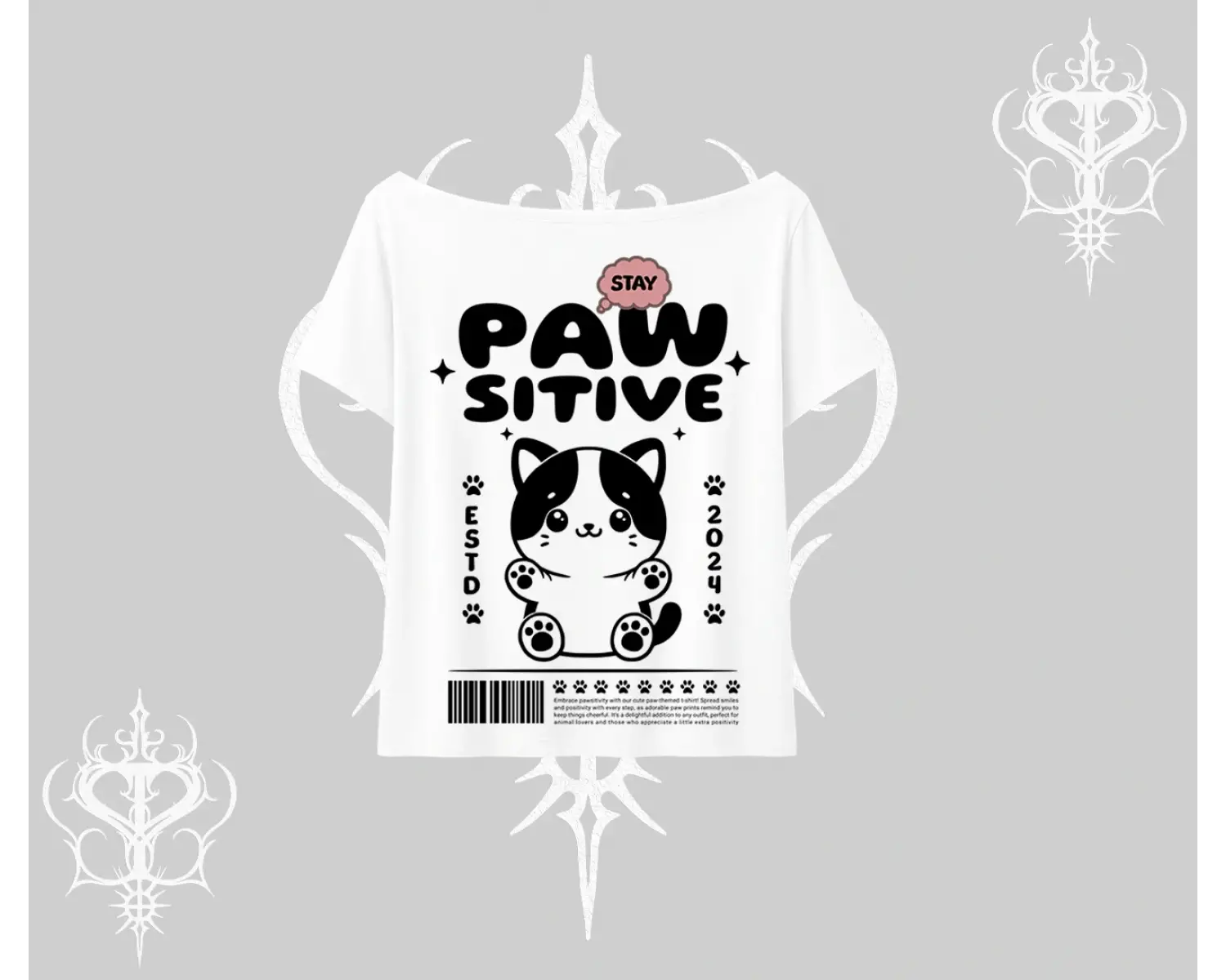 Paw Sitive Kedi Arka Baskılı Kayık Yaka Tshirt