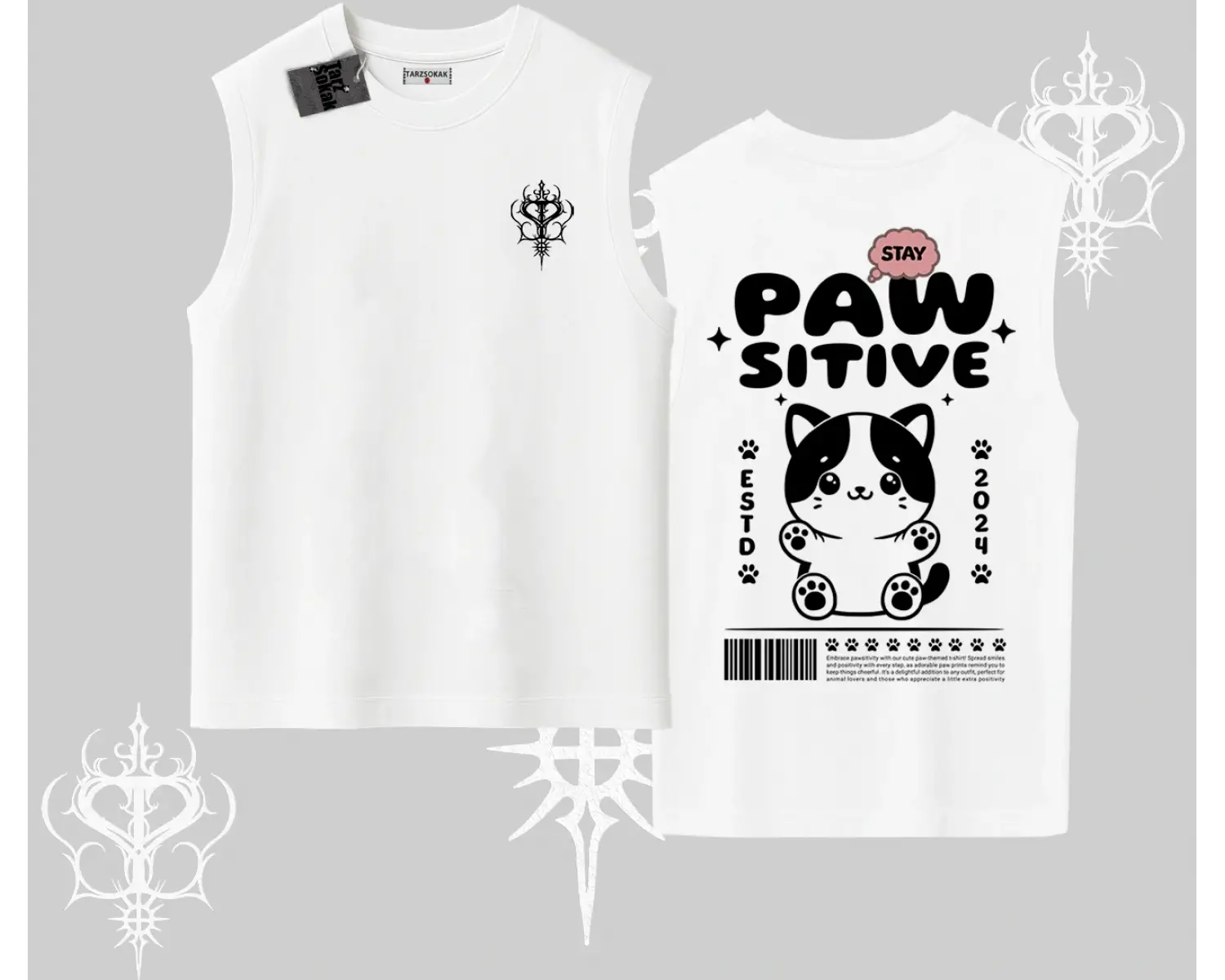 Paw Sitive Kedi Arka Baskılı Kolsuz Tshirt