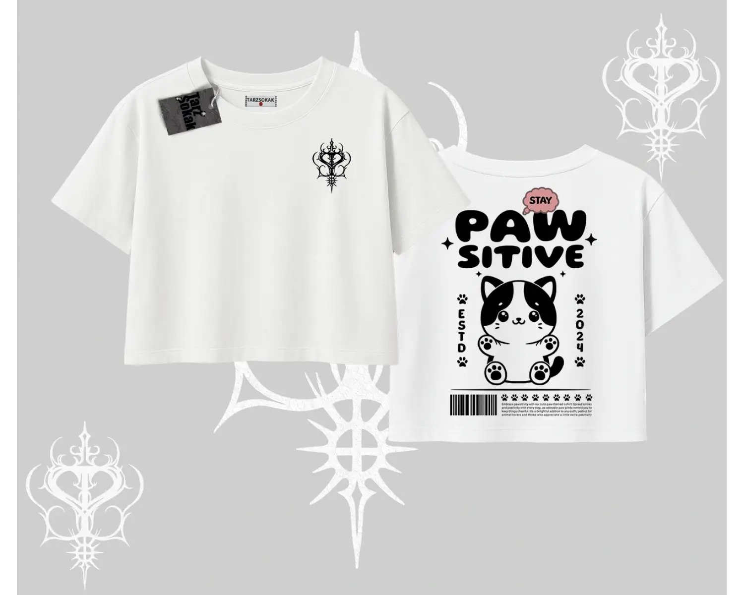 Paw Sitive Kedi Arka Baskılı Oversize Crop Tshirt
