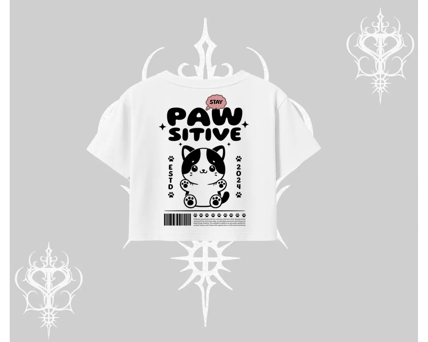 Paw Sitive Kedi Arka Baskılı Oversize Crop Tshirt