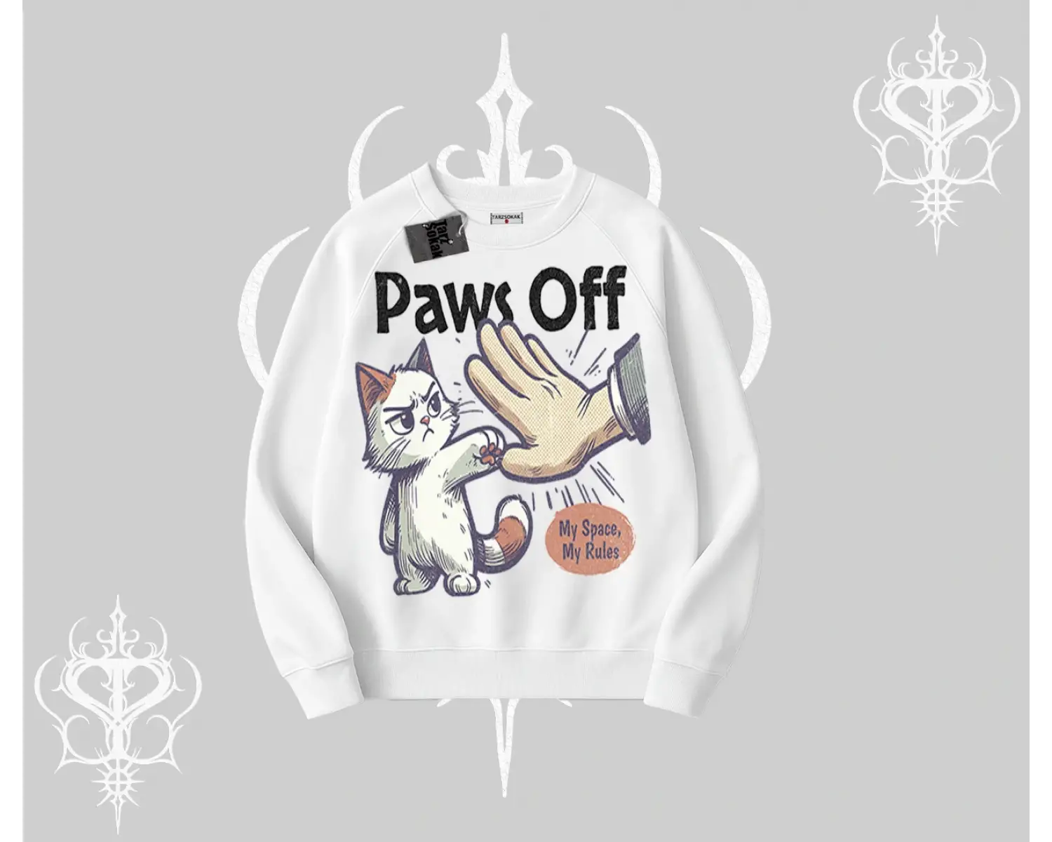 Paws Off Yazılı Kedi Baskılı Streetwear Biskilet Sweatshirt