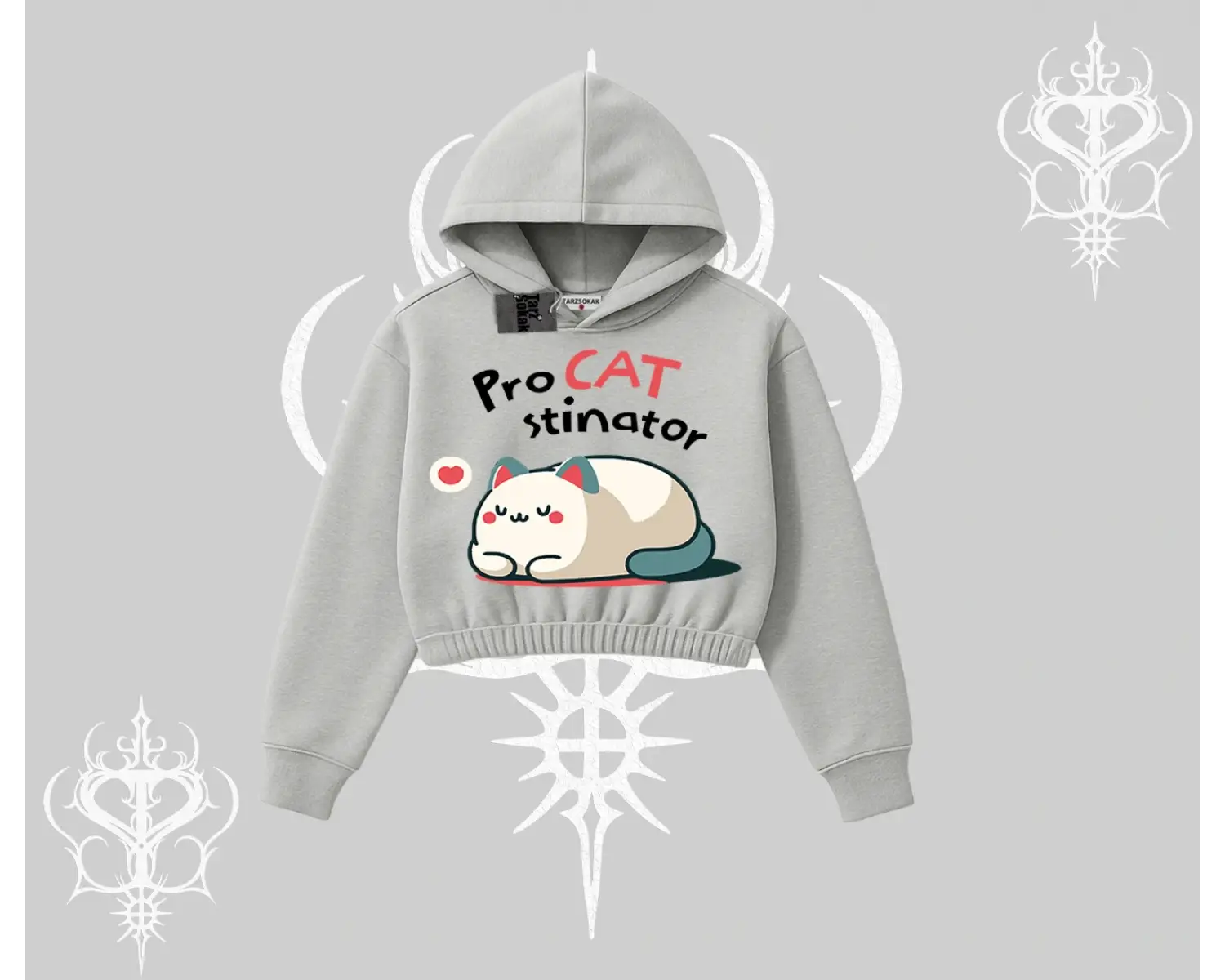 Paws Off Yazılı Kedi Baskılı Streetwear Kapşonlu Crop Sweatshirt