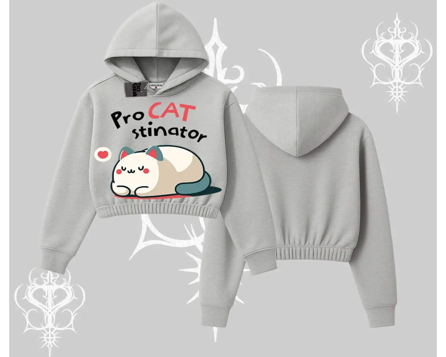 Paws Off Yazılı Kedi Baskılı Streetwear Kapşonlu Crop Sweatshirt