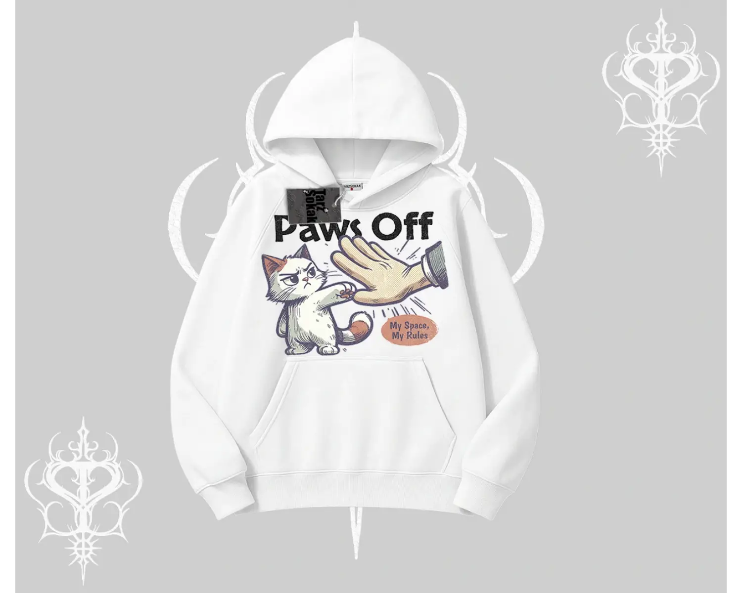Paws Off Yazılı Kedi Baskılı Streetwear Kapşonlu Sweatshirt