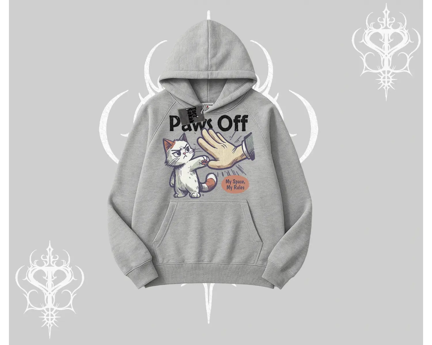 Paws Off Yazılı Kedi Baskılı Streetwear Kapşonlu Sweatshirt