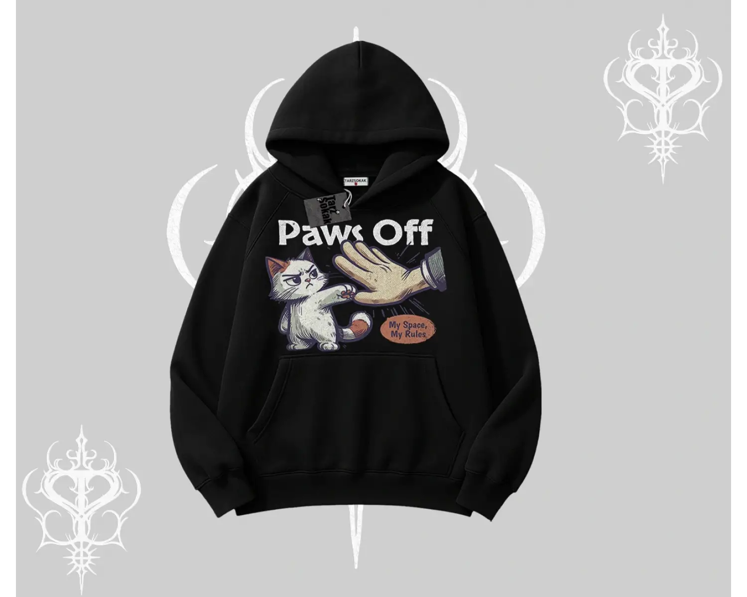 Paws Off Yazılı Kedi Baskılı Streetwear Kapşonlu Sweatshirt
