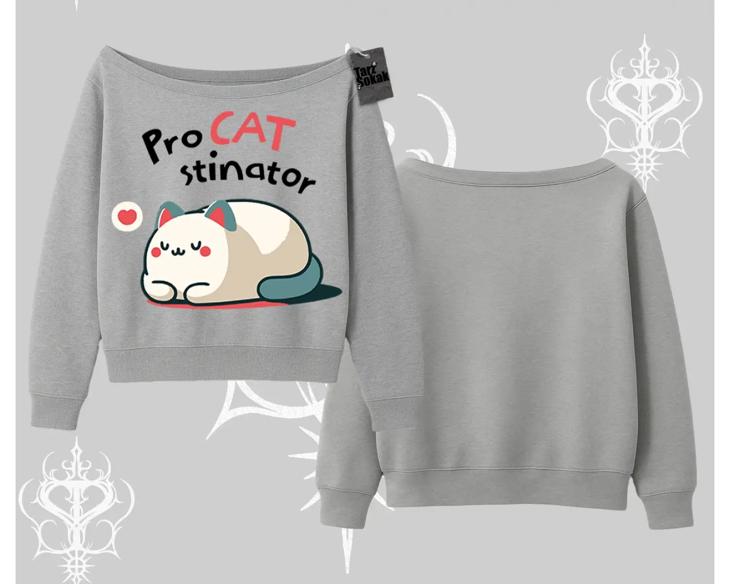 Paws Off Yazılı Kedi Baskılı Streetwear Kayık Yaka Sweatshirt