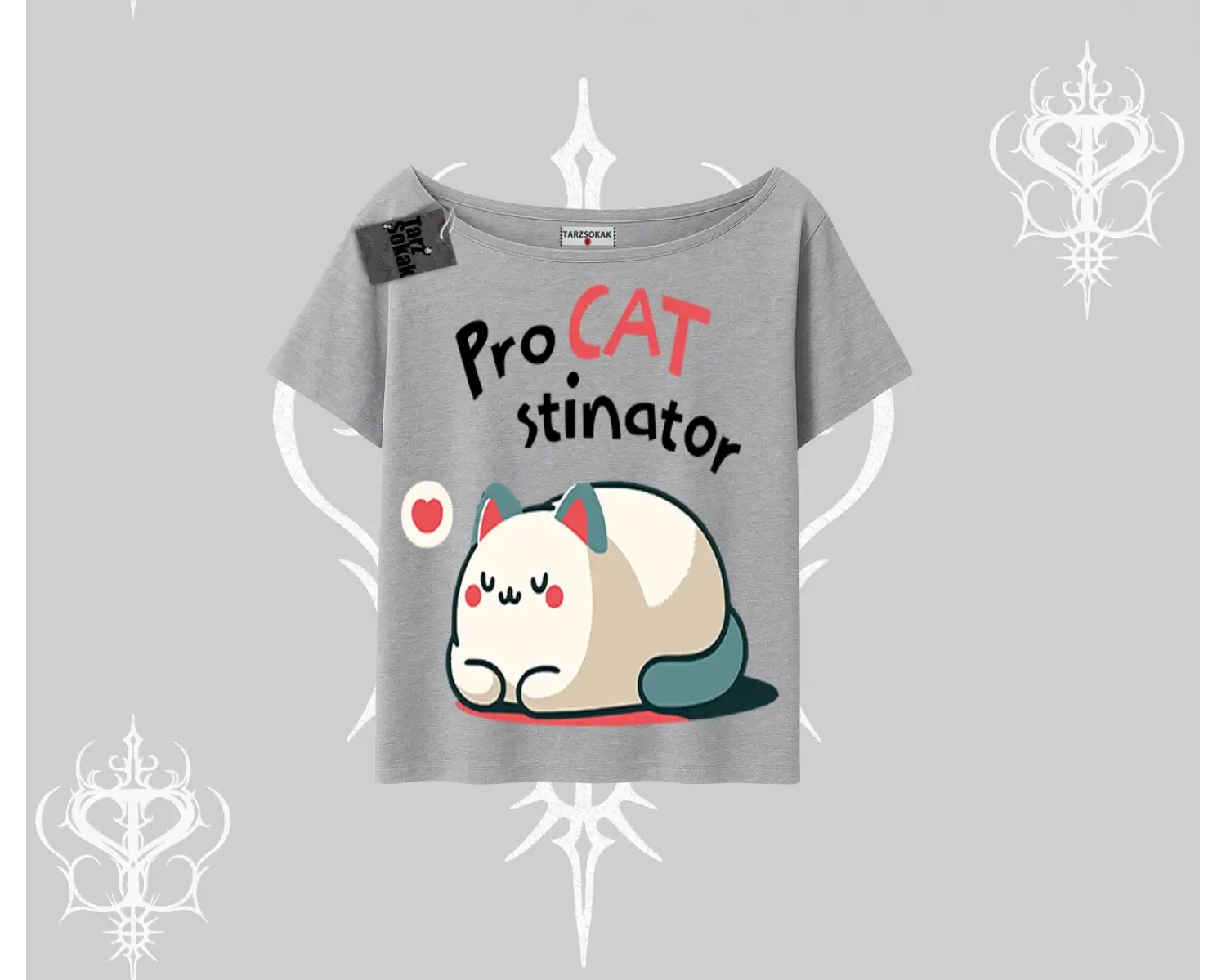 Paws Off Yazılı Kedi Baskılı Streetwear Kayık Yaka Tshirt