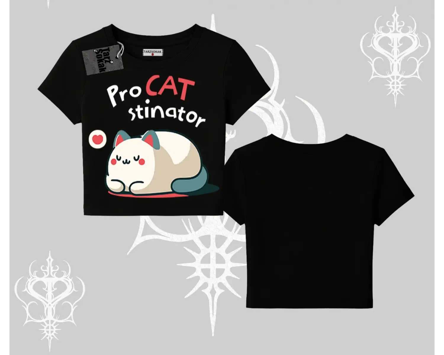 Paws Off Yazılı Kedi Baskılı Streetwear Oversize Crop Tshirt