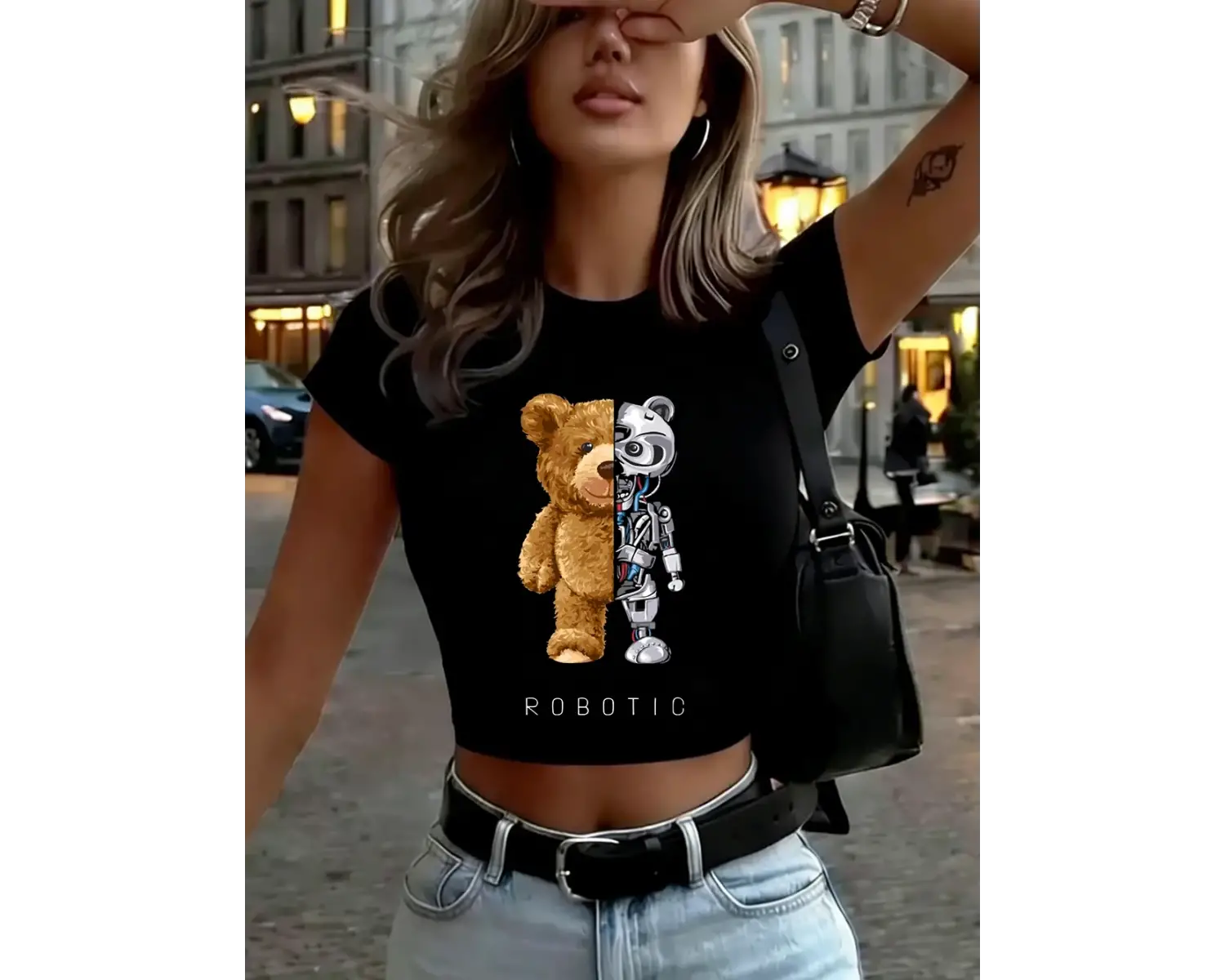 Peluş ve robotik ayı baskılar kadın kısa tişörtler yaz o-boyun ince üstler yüksek elastik kıs