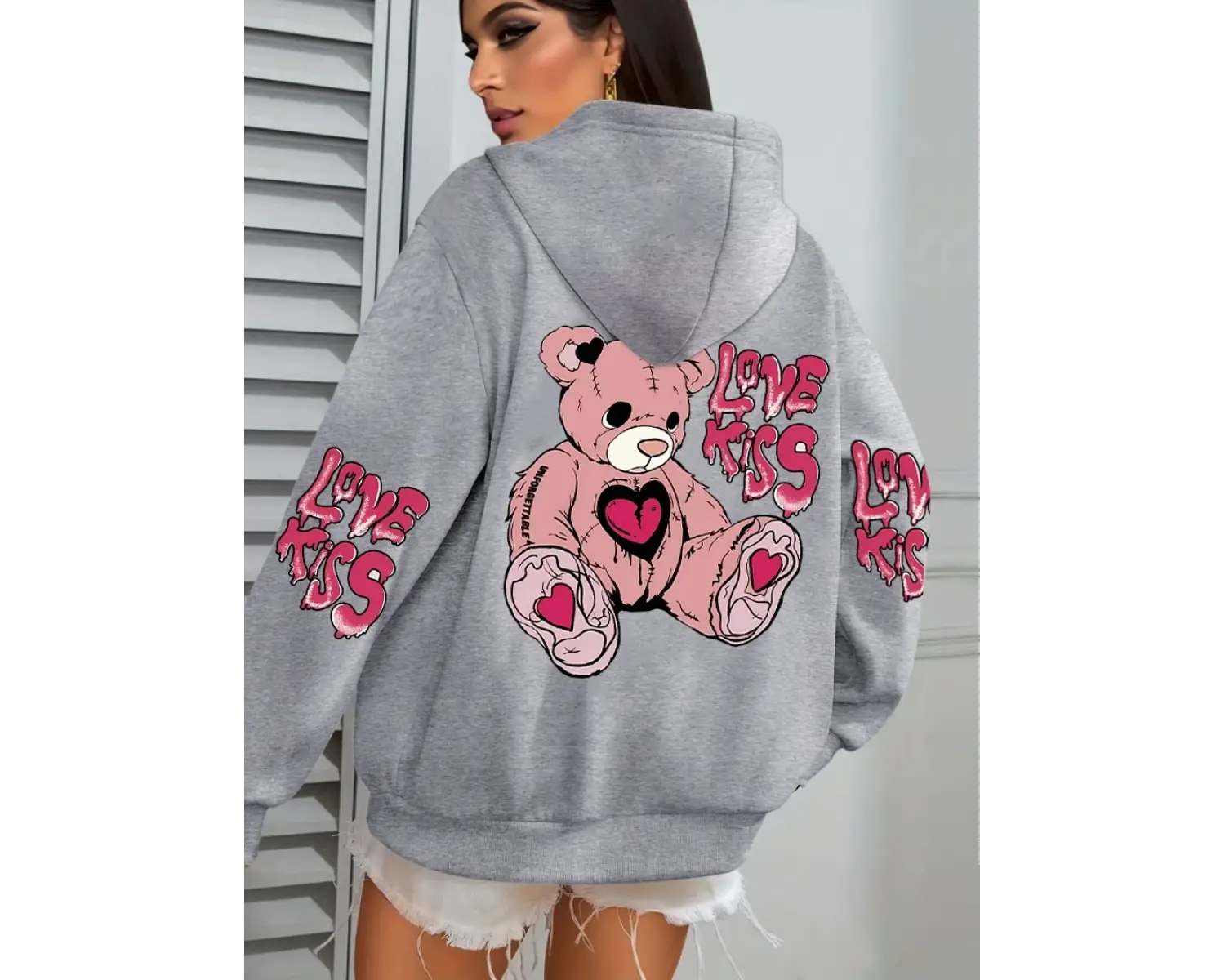 Pembe Aşk Öpücük Sanatı Harfli Baskılı Kadınlar İçin Cepli Sonbahar Kapüşonlu Sweatshirt Pola