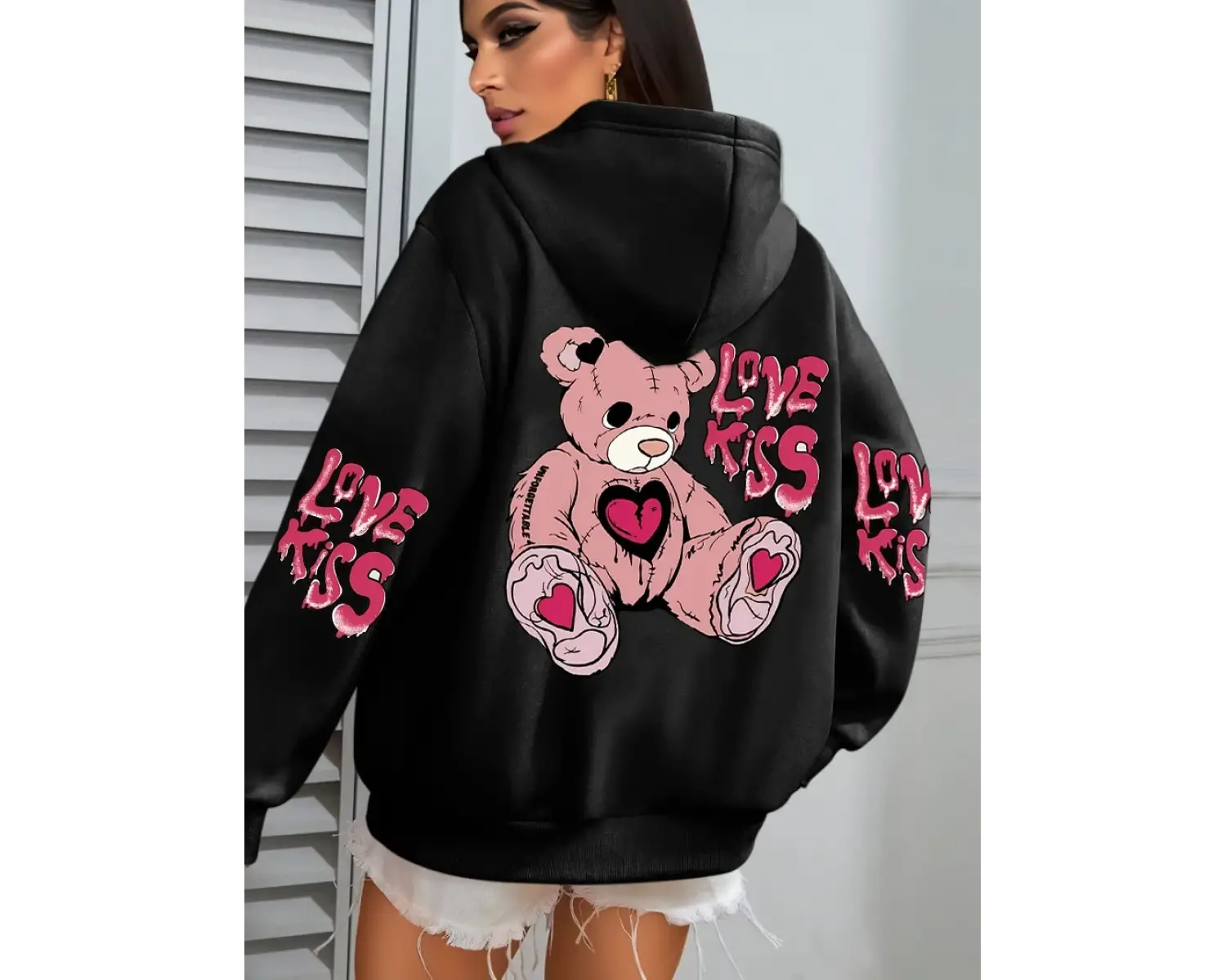 Pembe Aşk Öpücük Sanatı Harfli Baskılı Kadınlar İçin Cepli Sonbahar Kapüşonlu Sweatshirt Pola