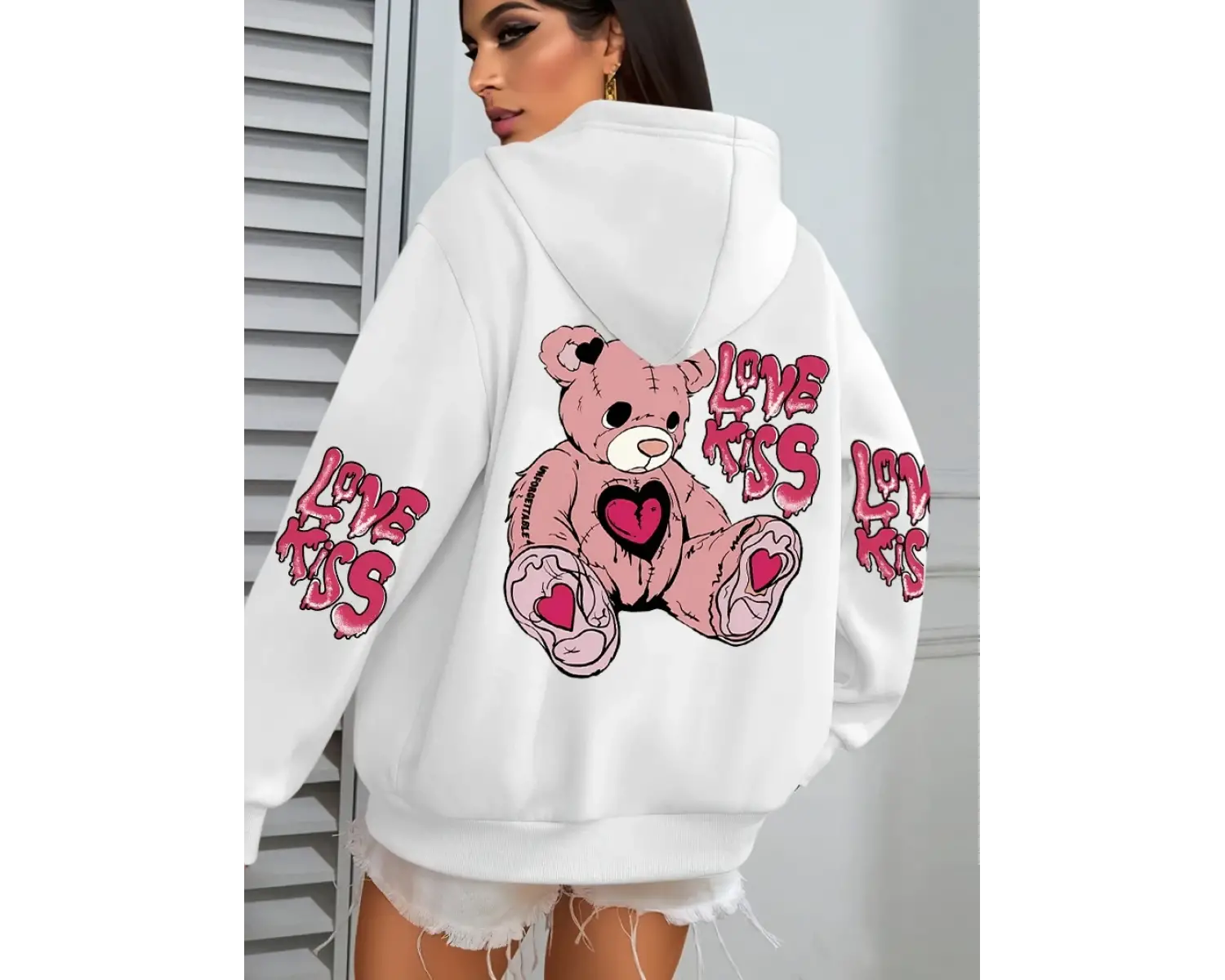 Pembe Aşk Öpücük Sanatı Harfli Baskılı Kadınlar İçin Cepli Sonbahar Kapüşonlu Sweatshirt Pola