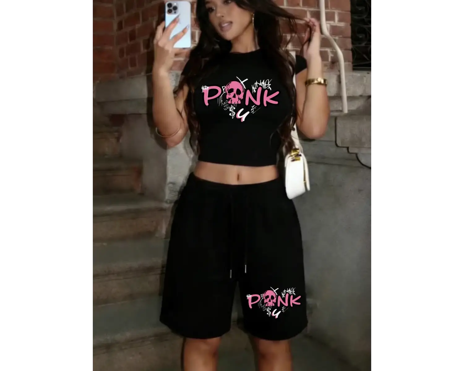 Pembe Kafatası Baskılı Babby TeeT-Shirt Pantolon Yazlık İki Parçalı Set Üstler Şortlar Seksi Tatl