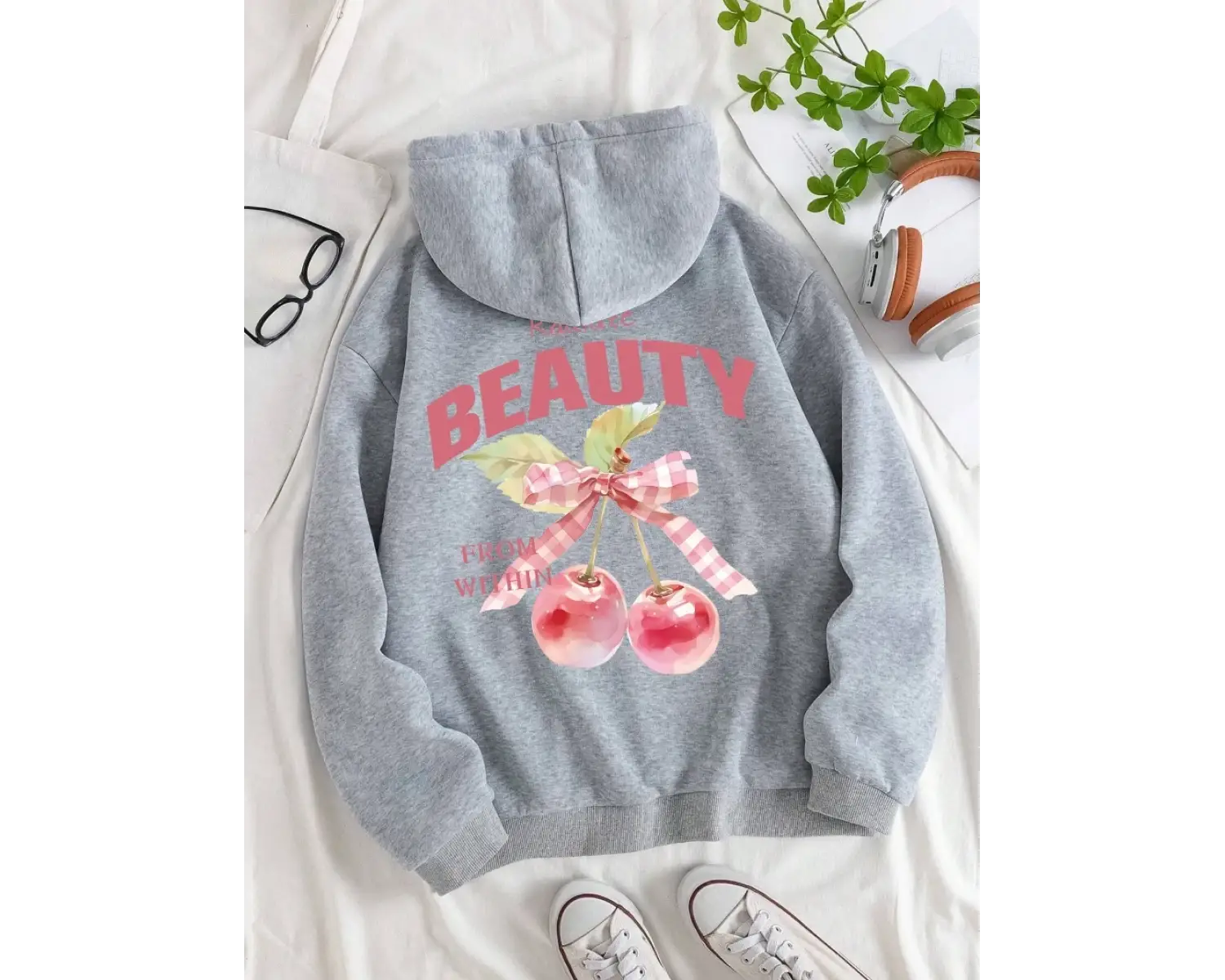 Pembe Kiraz Kapüşonlular Bayan Yaylatmak Güzellik Yay Baskı Streetweet Polar Sıcak Cep Gevşek