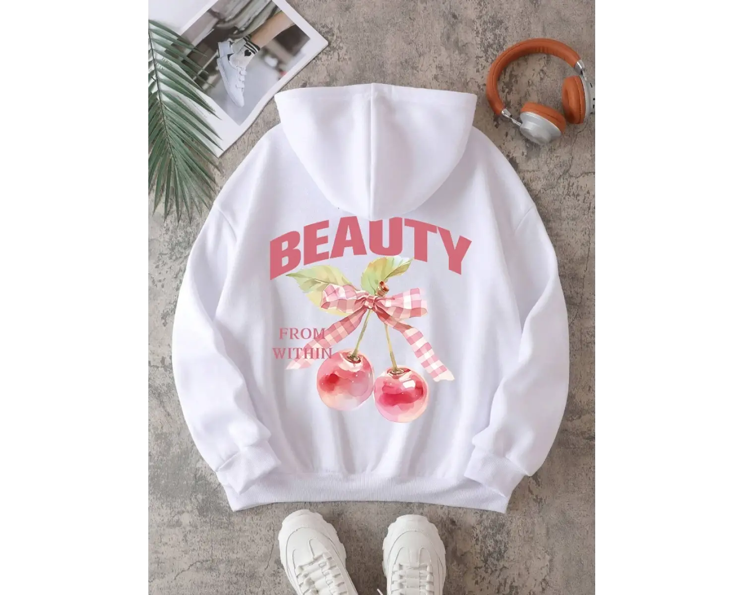 Pembe Kiraz Kapüşonlular Bayan Yaylatmak Güzellik Yay Baskı Streetweet Polar Sıcak Cep Gevşek