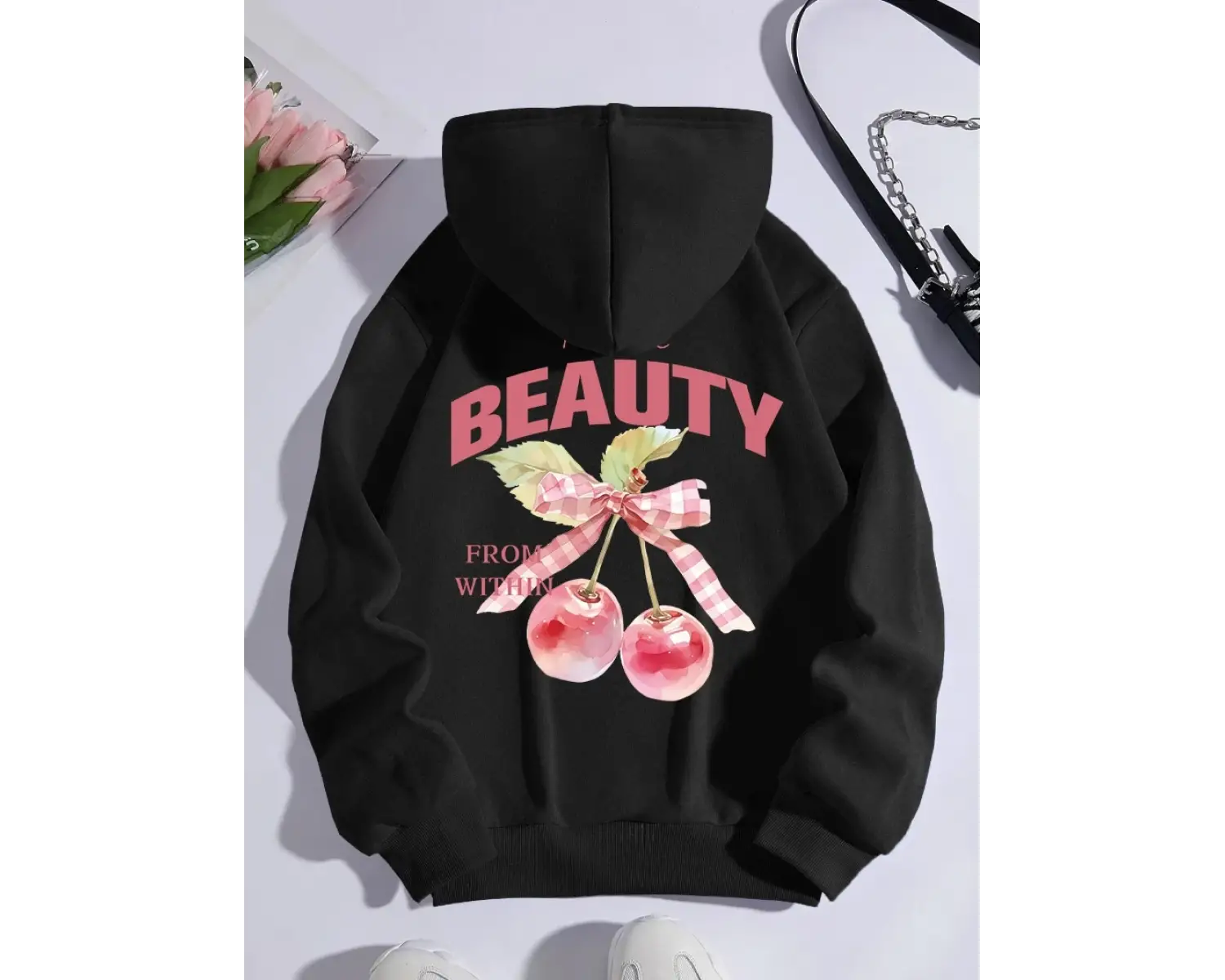 Pembe Kiraz Kapüşonlular Bayan Yaylatmak Güzellik Yay Baskı Streetweet Polar Sıcak Cep Gevşek