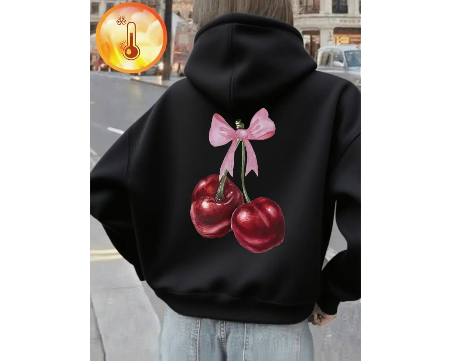 Pembe Yay Kırmızı Kiraz Baskı Kapüşonlular Kadın Rahat Gevşek Tişörtü Kış Polar Sıcak Kazak T