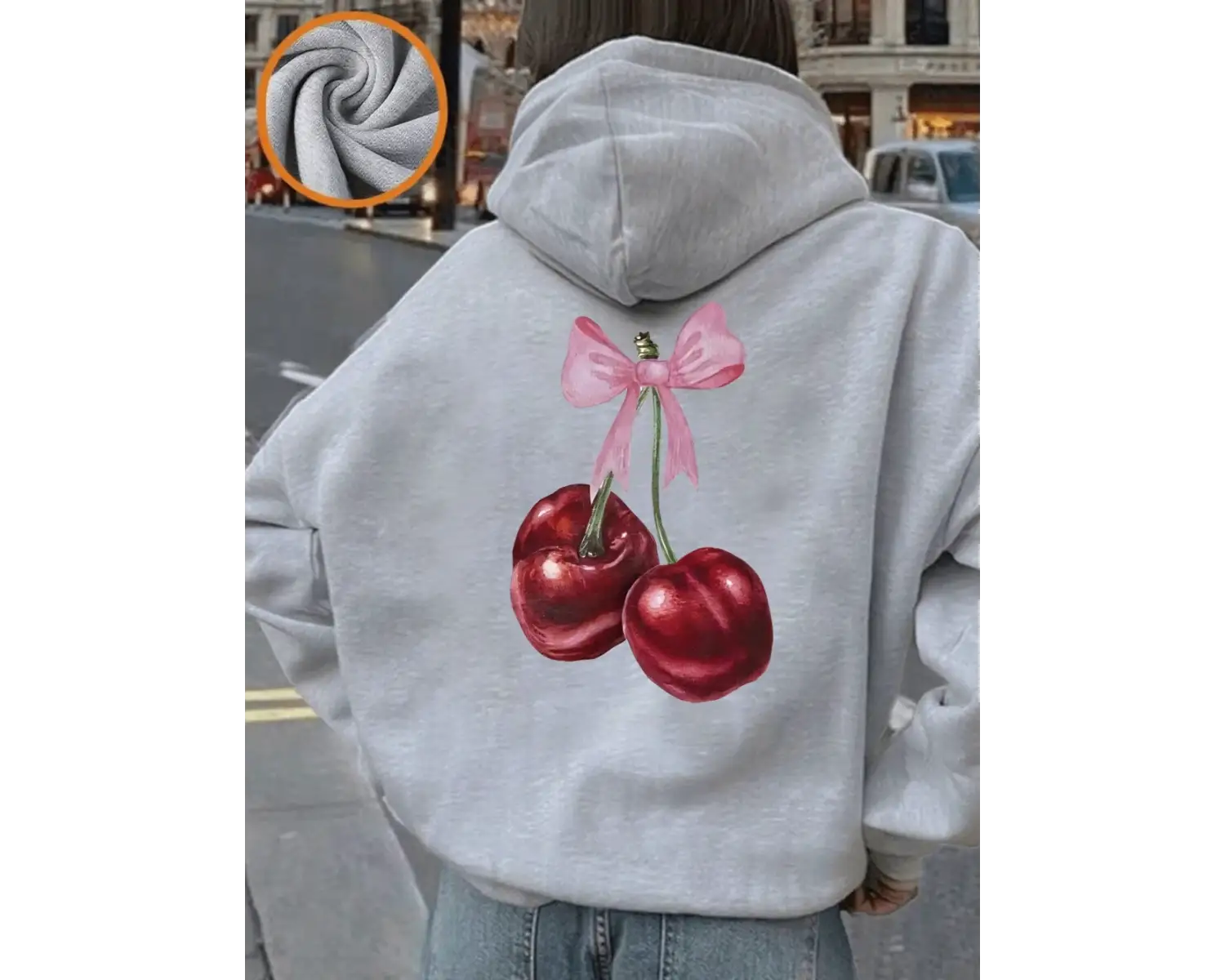 Pembe Yay Kırmızı Kiraz Baskı Kapüşonlular Kadın Rahat Gevşek Tişörtü Kış Polar Sıcak Kazak T