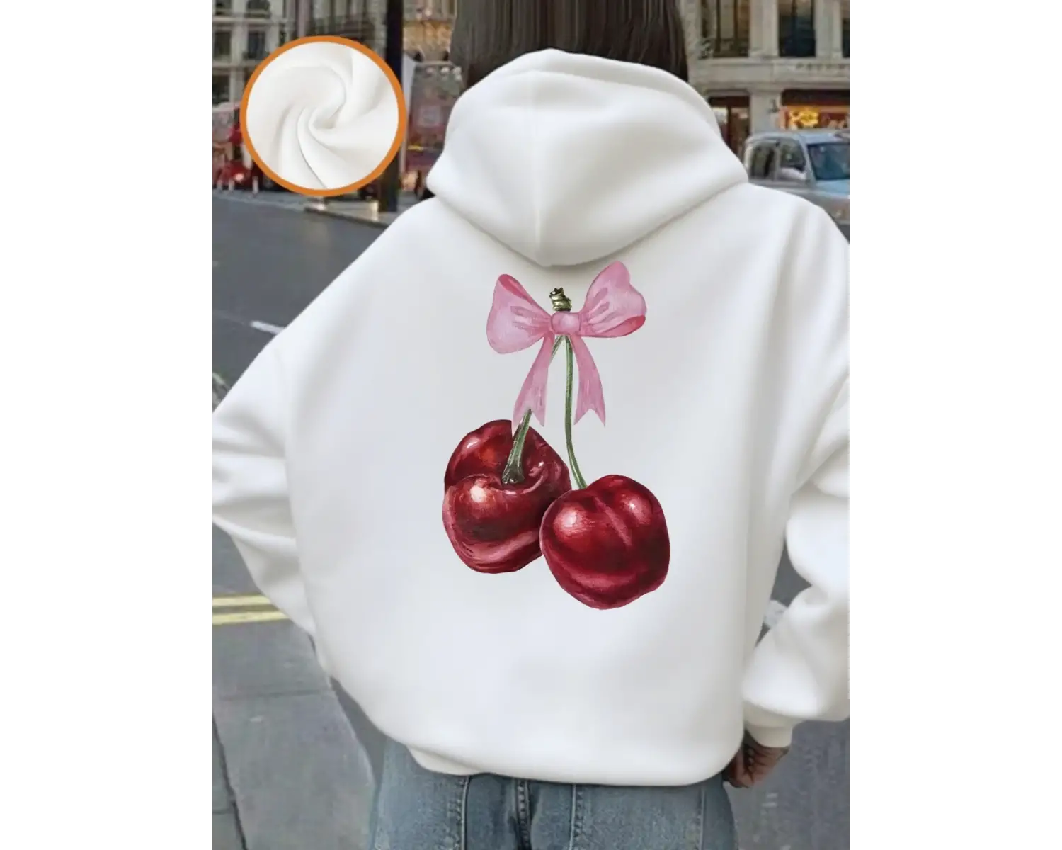 Pembe Yay Kırmızı Kiraz Baskı Kapüşonlular Kadın Rahat Gevşek Tişörtü Kış Polar Sıcak Kazak T