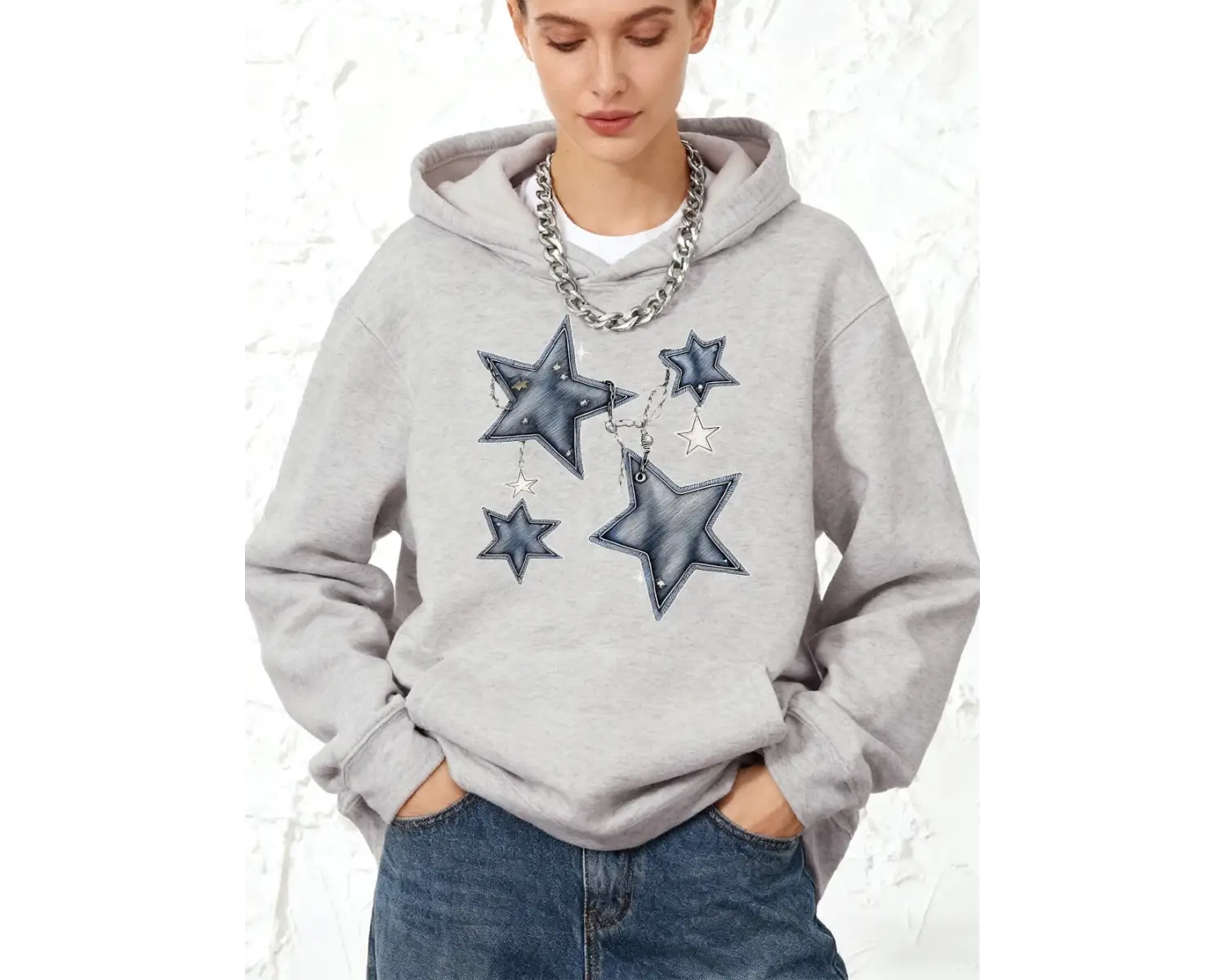 Pentagram ve zincir baskı kapüşonlular pamuk kadın kış polar sıcak kazak koşu cep kazak sport