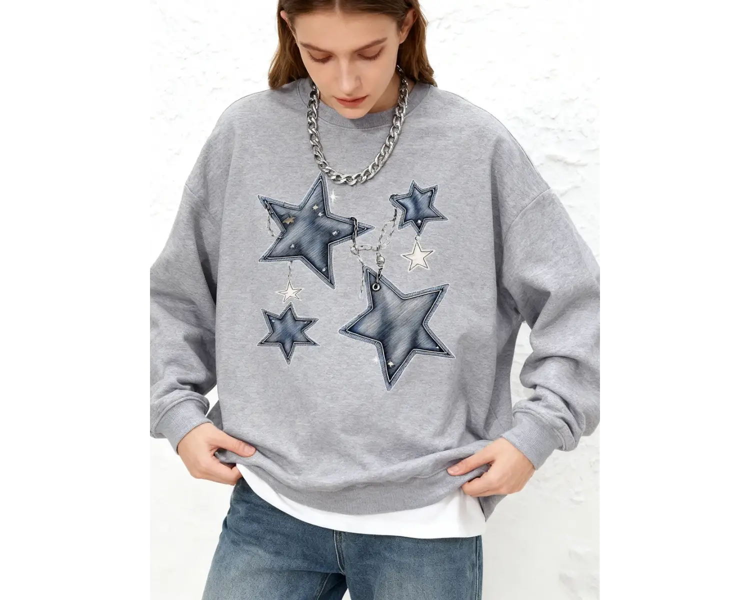 Pentagram ve Zincir Desenli Baskılı Kadın Kapüşonluları Sonbahar Koşu Tişörtü Günlük Büyük Be