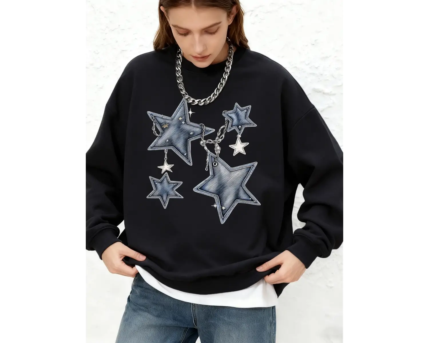 Pentagram ve Zincir Desenli Baskılı Kadın Kapüşonluları Sonbahar Koşu Tişörtü Günlük Büyük Be