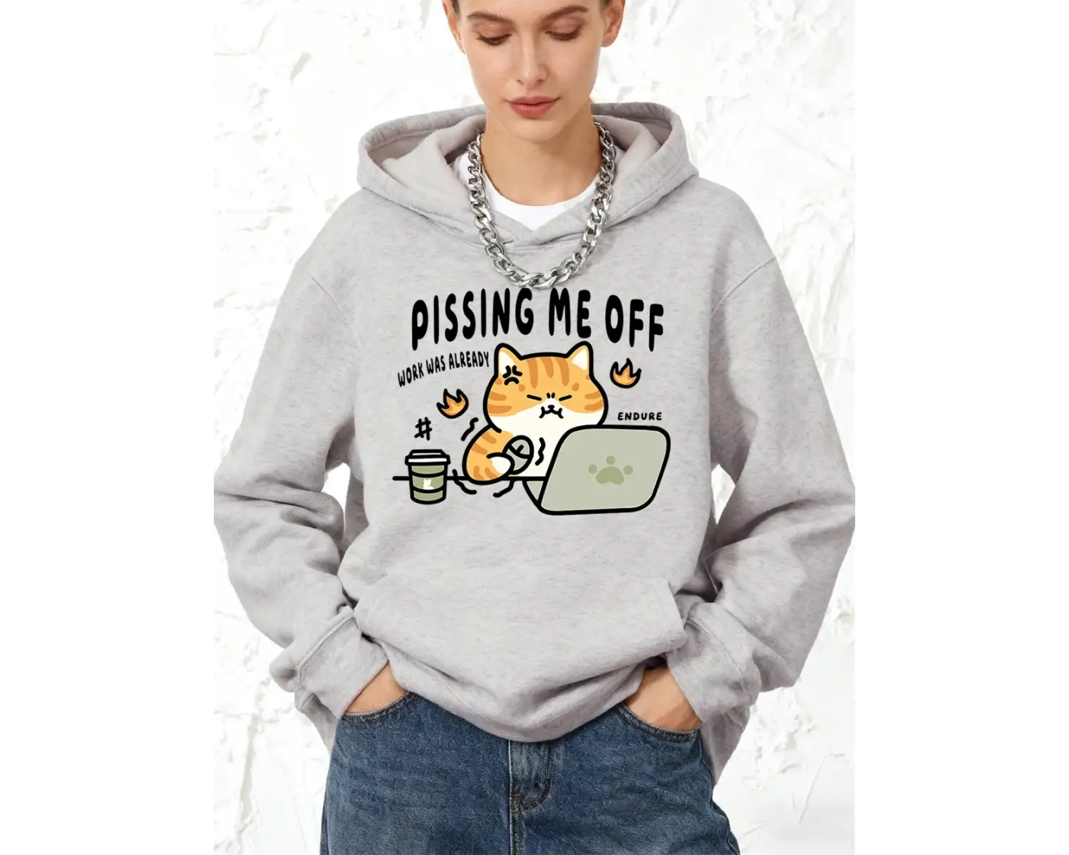 Pissing Me Off Kedi Baskılı Pamuklu Kapüşonlu Üstler Kadın Sporcu Bol Sweatshirtler Kışlık Po