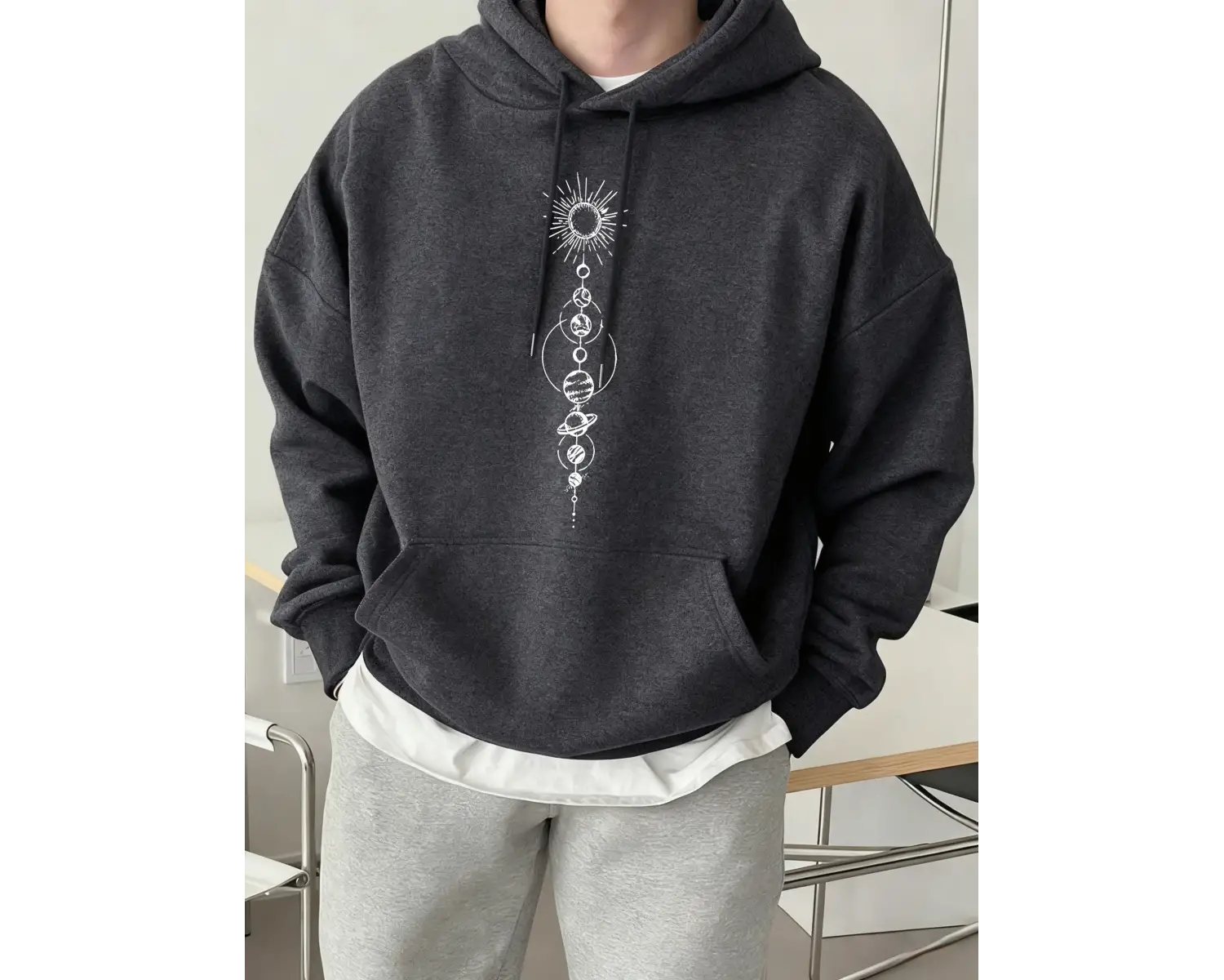 Planet Basitleştirilmiş Diyagram Baskılı Erkek Polar Kapüşonlu Cepli Rahat Sokak Giysisi Soka