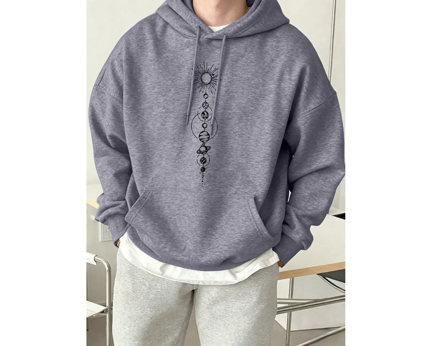 Planet Basitleştirilmiş Diyagram Baskılı Erkek Polar Kapüşonlu Cepli Rahat Sokak Giysisi Soka