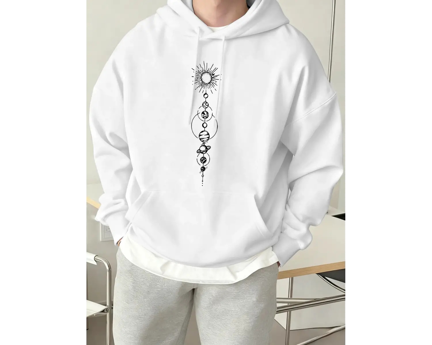 Planet Basitleştirilmiş Diyagram Baskılı Erkek Polar Kapüşonlu Cepli Rahat Sokak Giysisi Soka