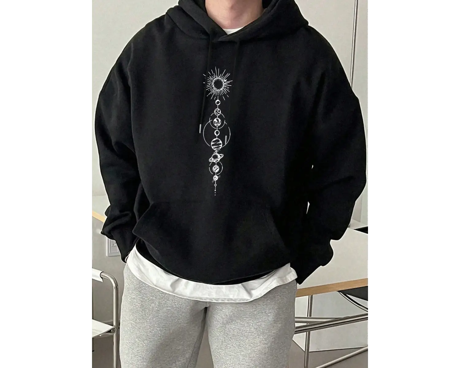 Planet Basitleştirilmiş Diyagram Baskılı Erkek Polar Kapüşonlu Cepli Rahat Sokak Giysisi Soka