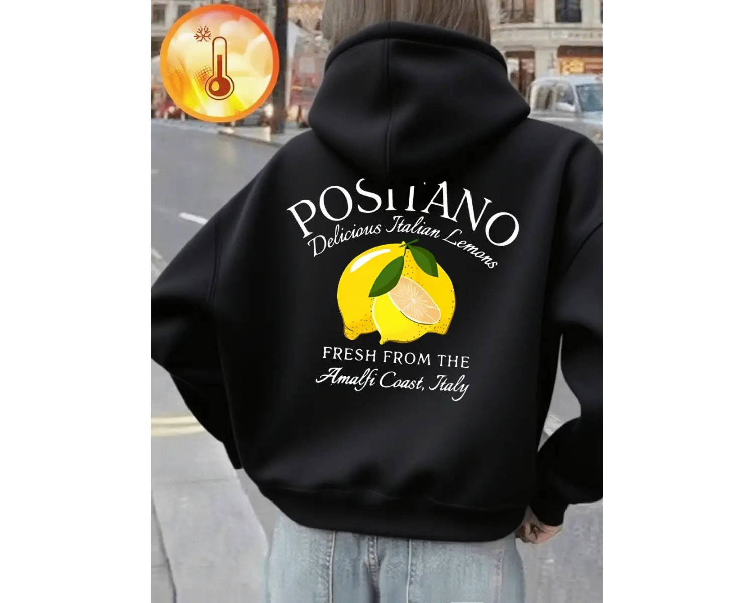 Positano Taze Limon Baskı Kapüşonlular Kadın Kış Polar Sıcak Kazaklar Temel Cep Tişörtü Rahat