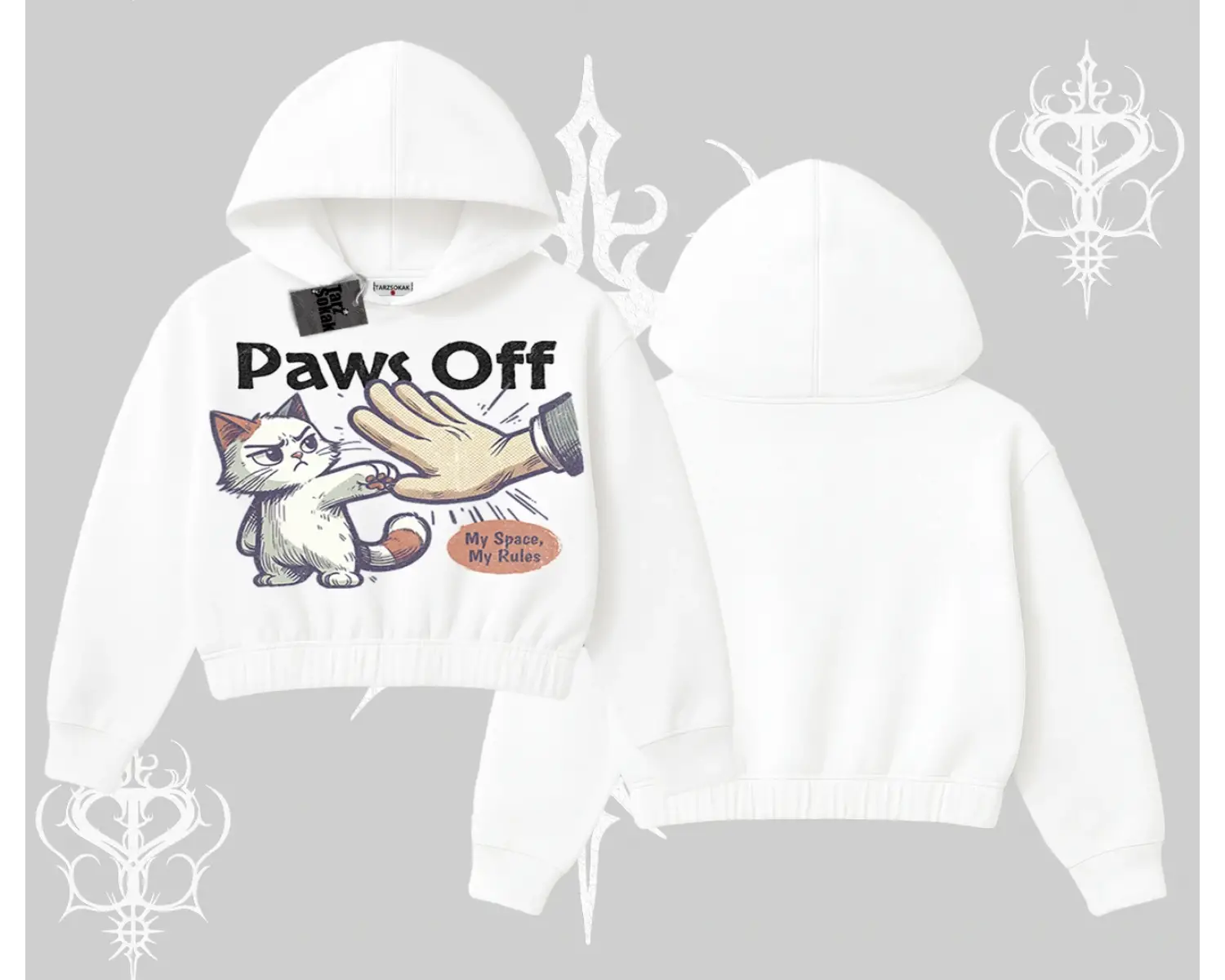 ProCATstinator Kedi Baskılı Kapşonlu Crop Sweatshirt