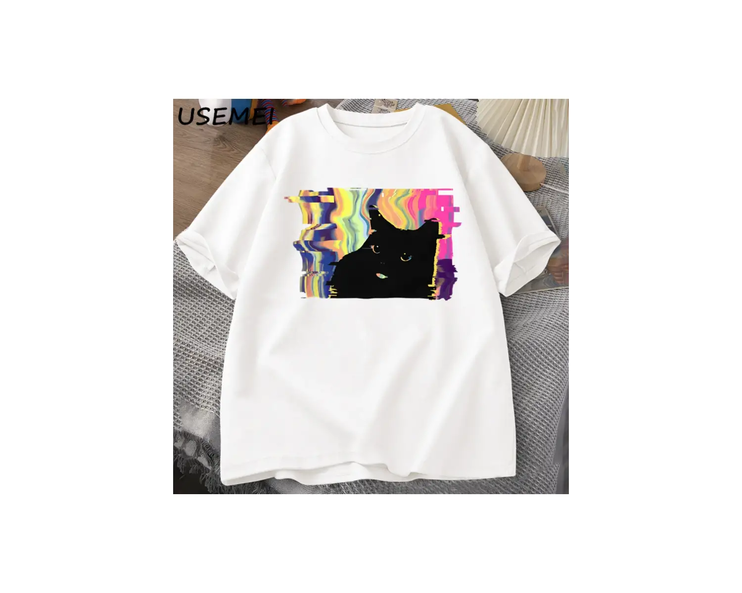 Psychedelic Kedi T Shirt Erkekler Kadınlar için Vaporwave Estetik T-shirt Harajuku Punk Tshir 3015