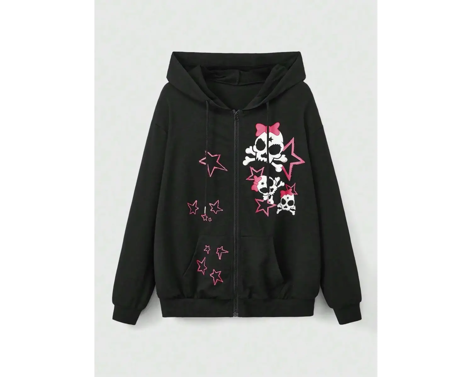 Puls Tatlı Pembe Yıldız Kafatasları Baskılı Fermuarlı Kapüşonlu Üst Kadın Rahat Sıcak Polar G