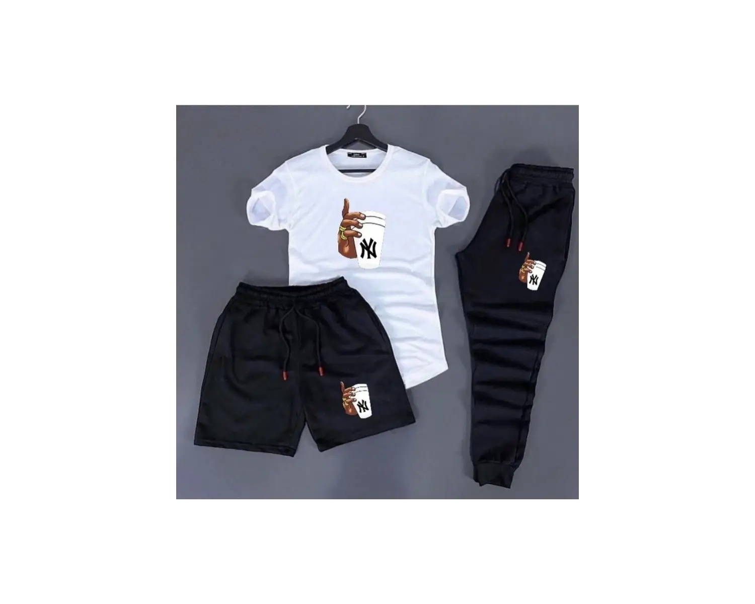 PUNIX Yüzüklü Bardak Tutan El Baskılı Kısa Kollu Yazlık Erkek 3 Lü Eşofman Takımı PSTYZL10000