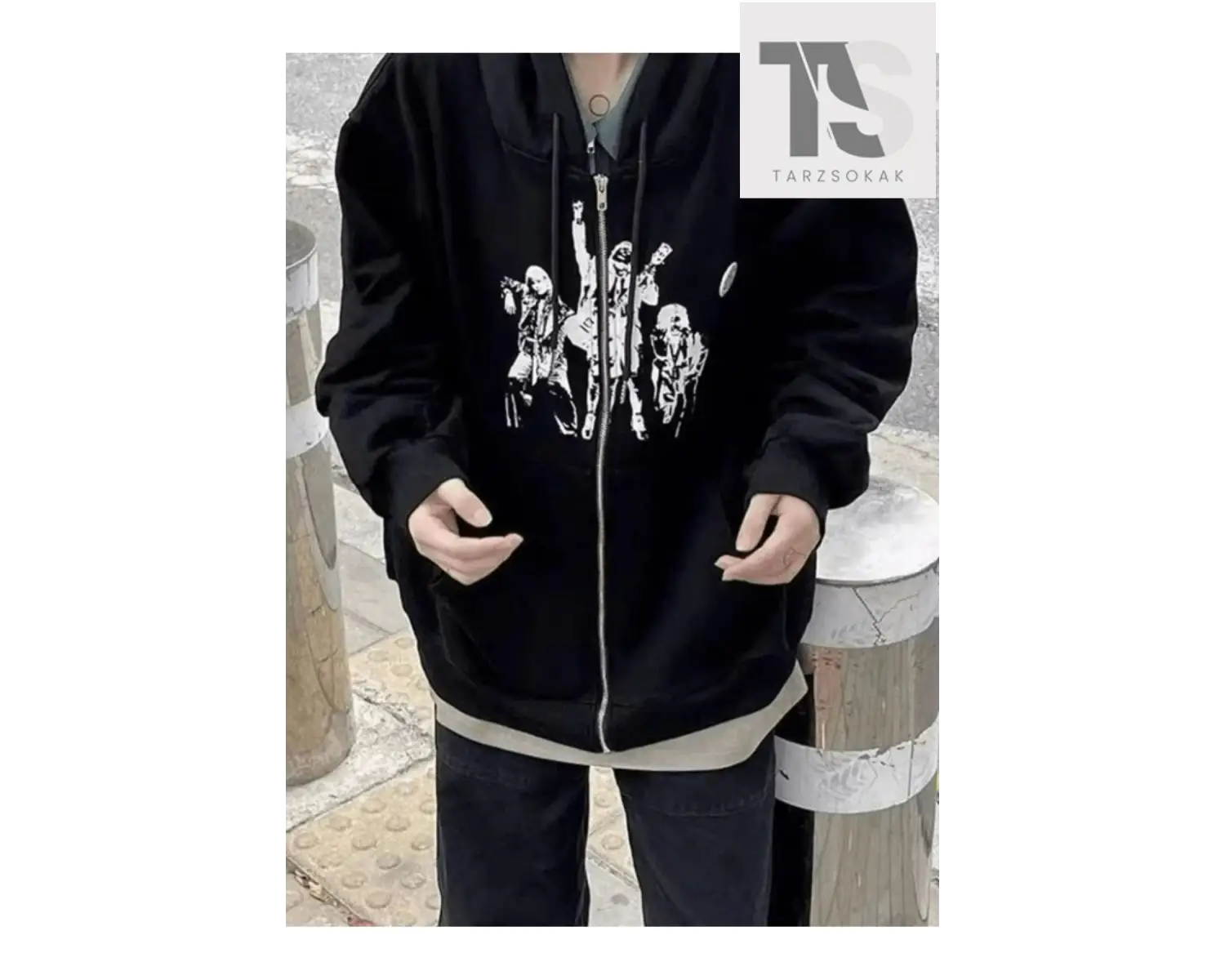 Punk Tasarım Sweatshirt Fermuarlı Hırka Siyah