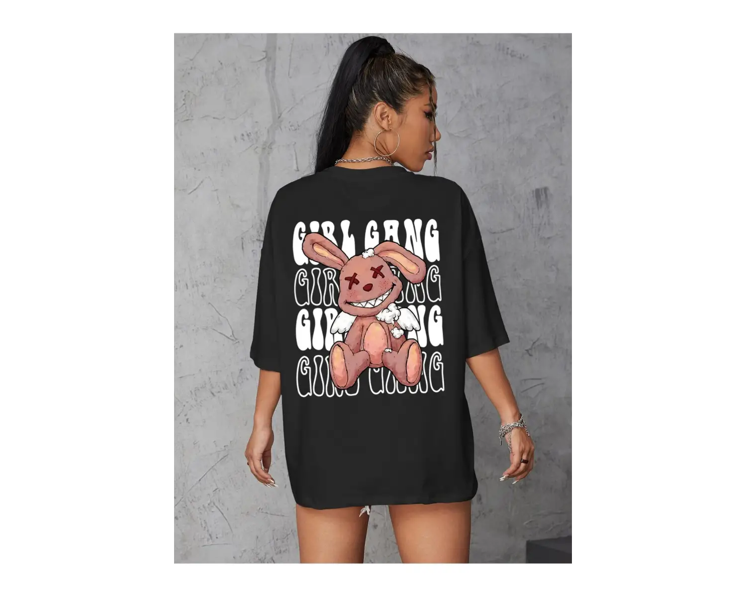 Qutie Mektup ve Karikatür Grafik Düşük Omuz Tişört