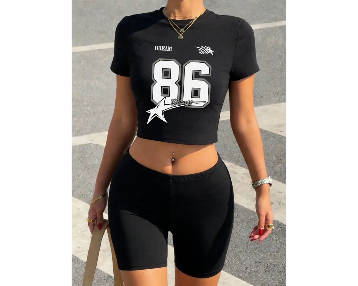 Rahat Chicago Numarası 86 Yıldız Baskı Kırpma Üstleri Şort Kadın İki Parçalı Set T-Shirt Pant