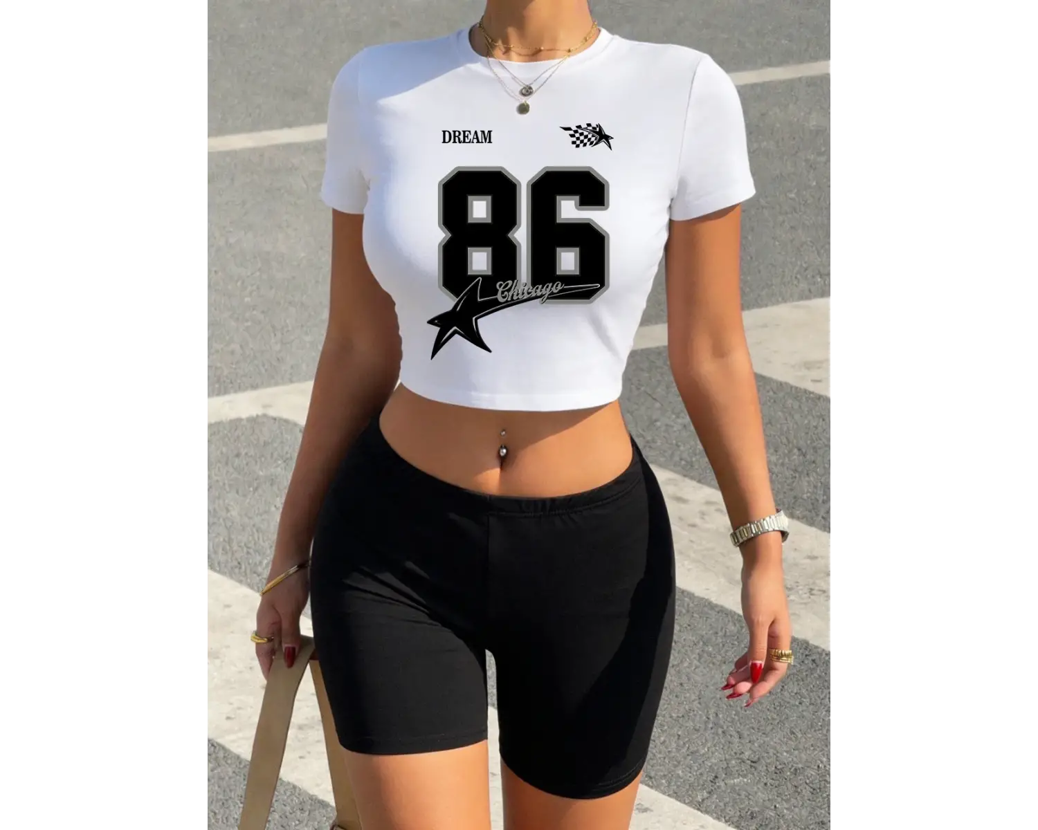 Rahat Chicago Numarası 86 Yıldız Baskı Kırpma Üstleri Şort Kadın İki Parçalı Set T-Shirt Pant