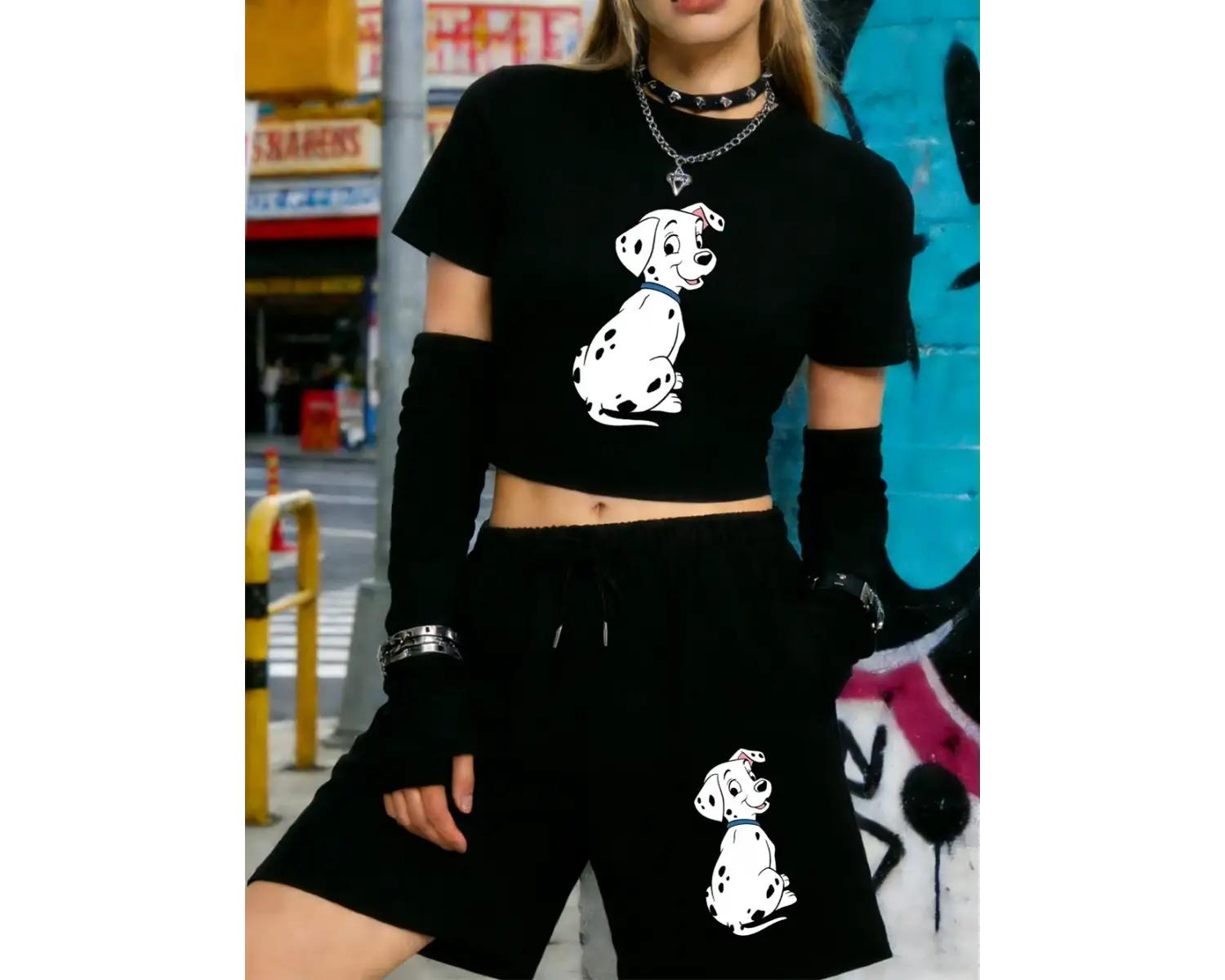 Rahat Dalmaçyalı Köpek Baskılı Babby Tees Şort Kadın İki Parçalı Set Beş Nokta Pantolon Yumuşa