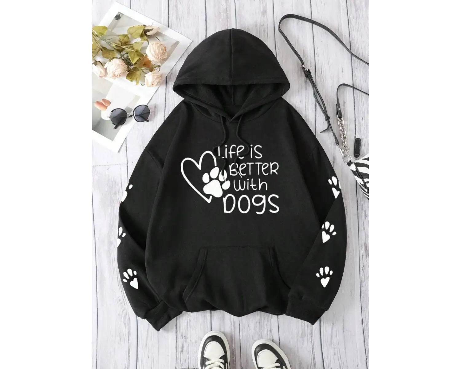 Rahat Kadın Kapüşonlular Hayat Köpekler Baskılı Tişörtü Rahat Bisiklet Yaka Kazak Gevşek Pola