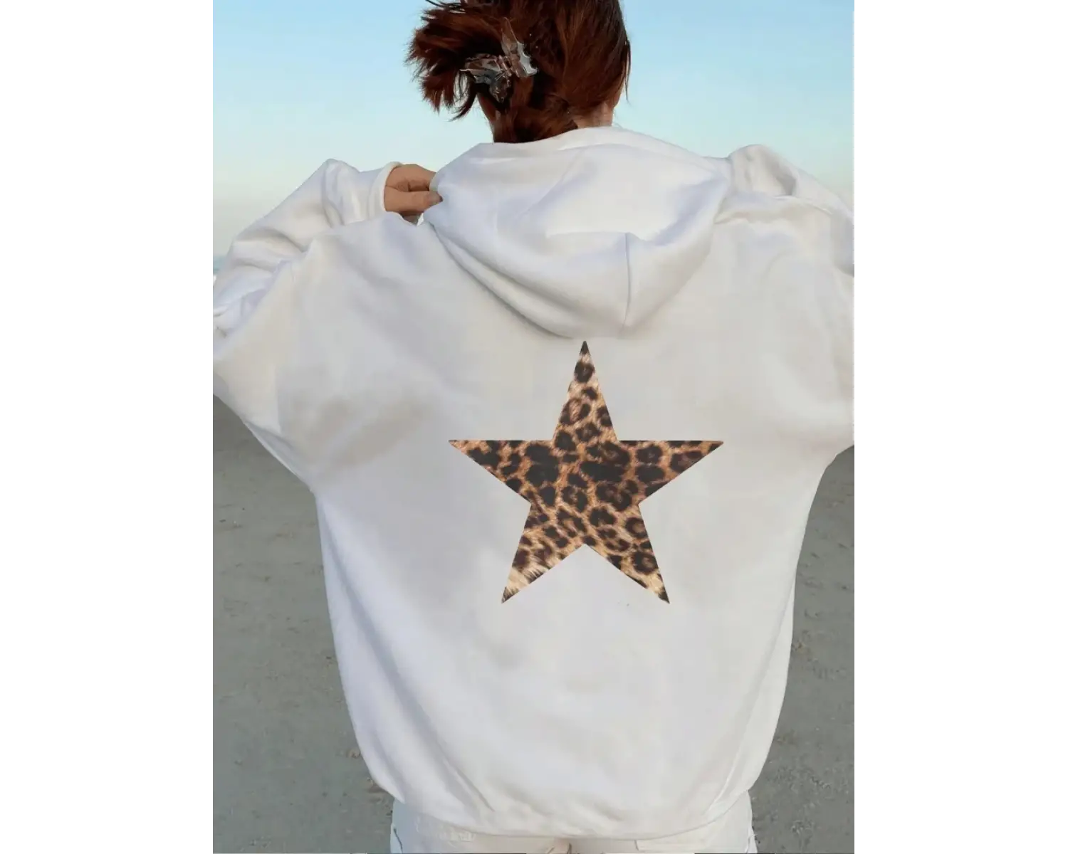 Rahat Kadın Kapüşonlular Leopar Pentagram Desen Baskı Kazaklar Gevşek Cep Sıcak Polar Tişörtü